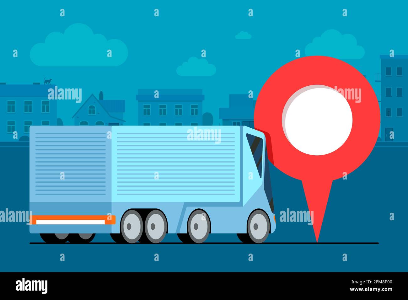 Logistique moderne de remorque de camion de cargaison près de géotag gps navigateur emplacement icône de broche sur la route de ville urbaine.Concept de service de suivi de livraison de transport d'entreprise.Illustration du véhicule d'expédition Illustration de Vecteur