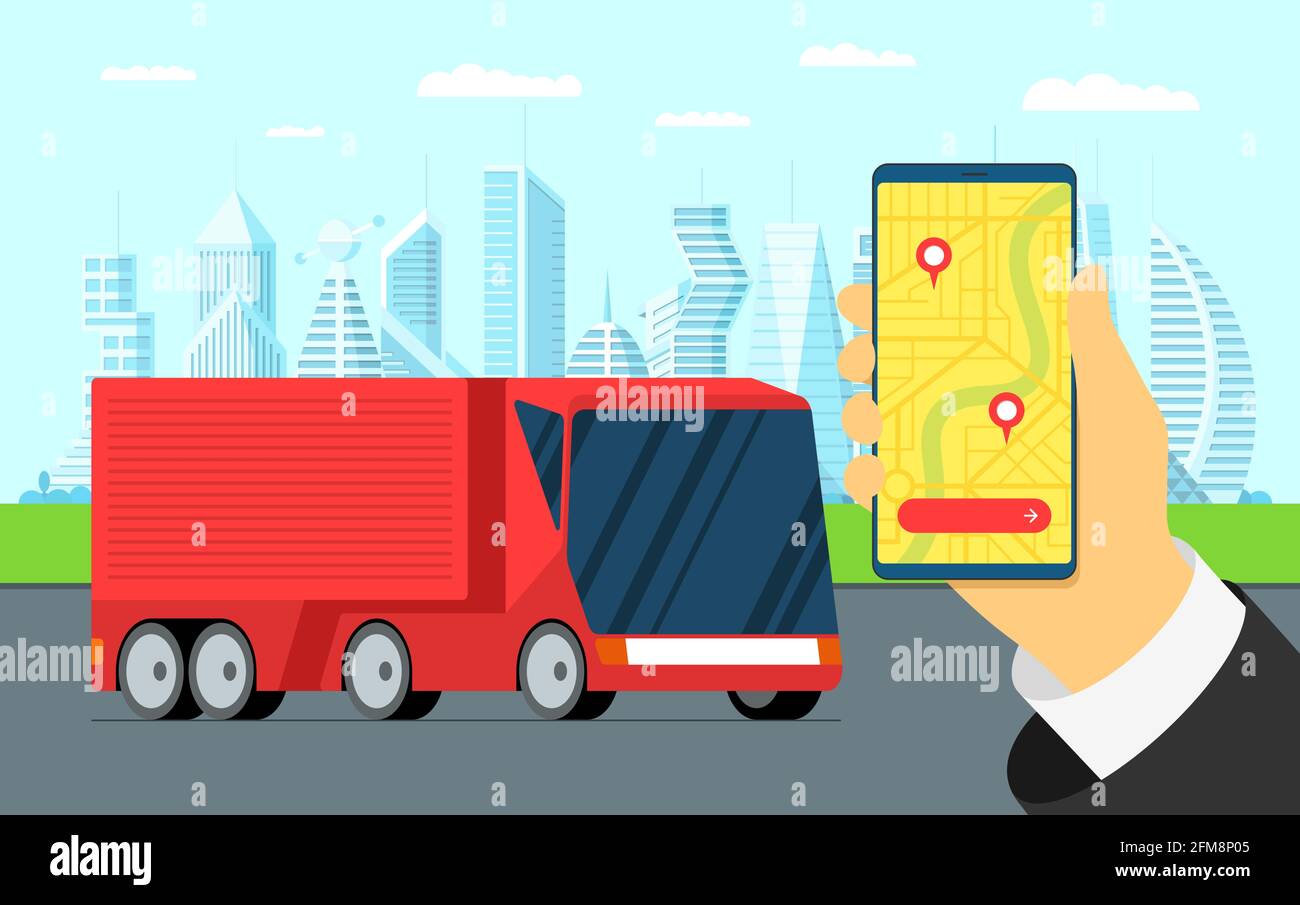 Service de suivi logistique de la remorque de camion.Téléphone portable avec itinéraire du navigateur d'expédition sur la carte de la ville et les broches de géolocalisation.Assistant d'assistance de l'application de surveillance de la livraison du transport sur écran mobile Illustration de Vecteur