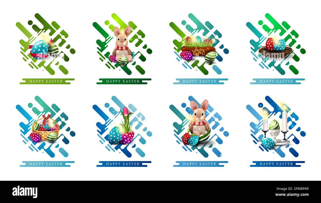 Joyeuses Pâques, des éléments web pour vos arts dans le style abstrait liquide avec des icônes de Pâques. Moderne Pâques voeux cartes postales isolées sur fond blanc Banque D'Images