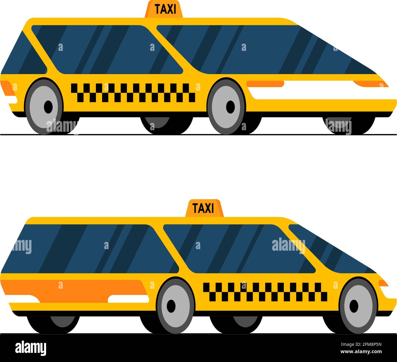 Vue en perspective de l'avant et de l'arrière de la voiture en taxi.Jaune futuriste sans pilote concept CAB City service transport set moderne plat vecteur dessin animé style illustration Illustration de Vecteur