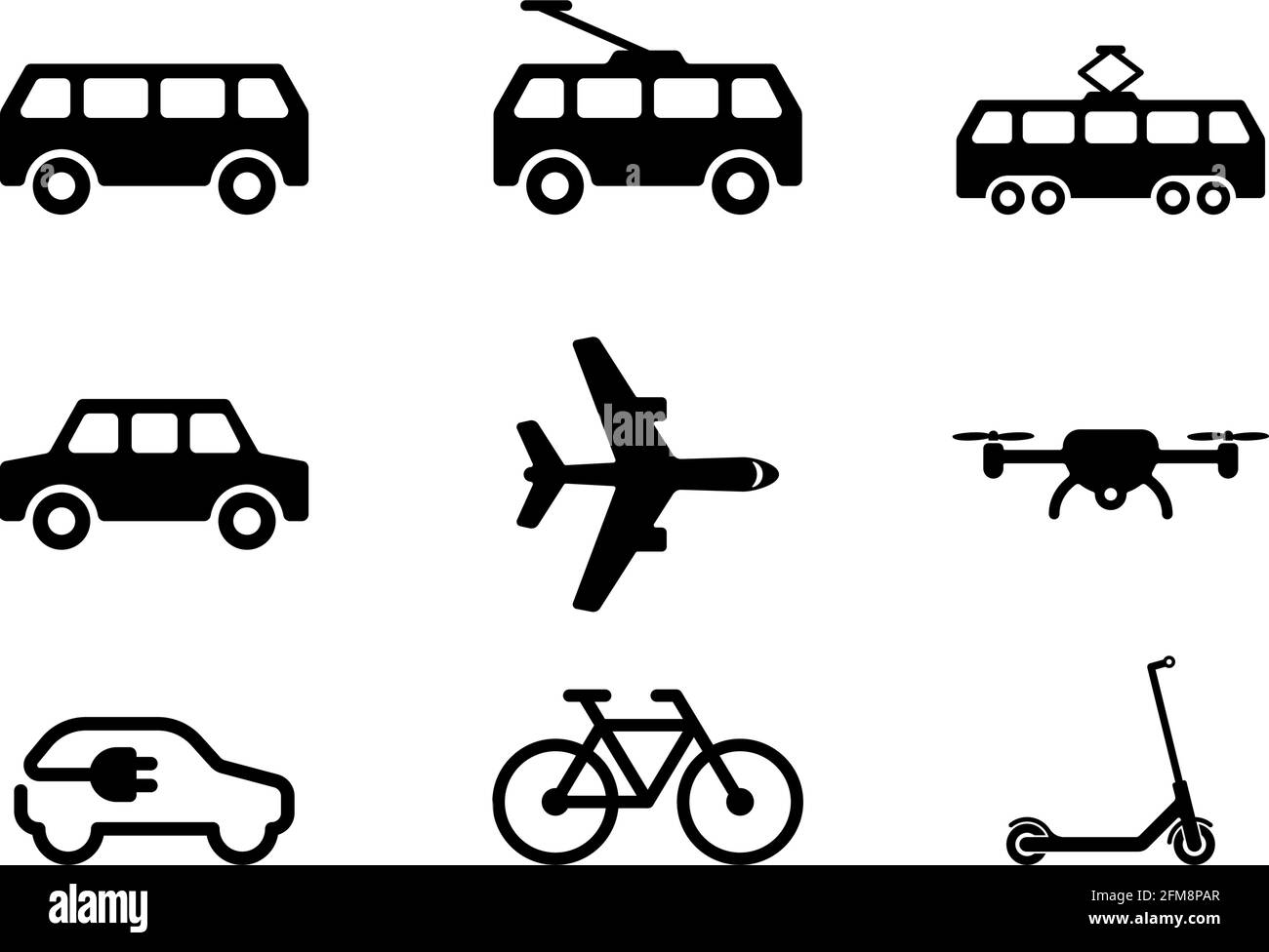 Jeu d'icônes noires des transports publics isolées sur fond blanc Illustration de Vecteur