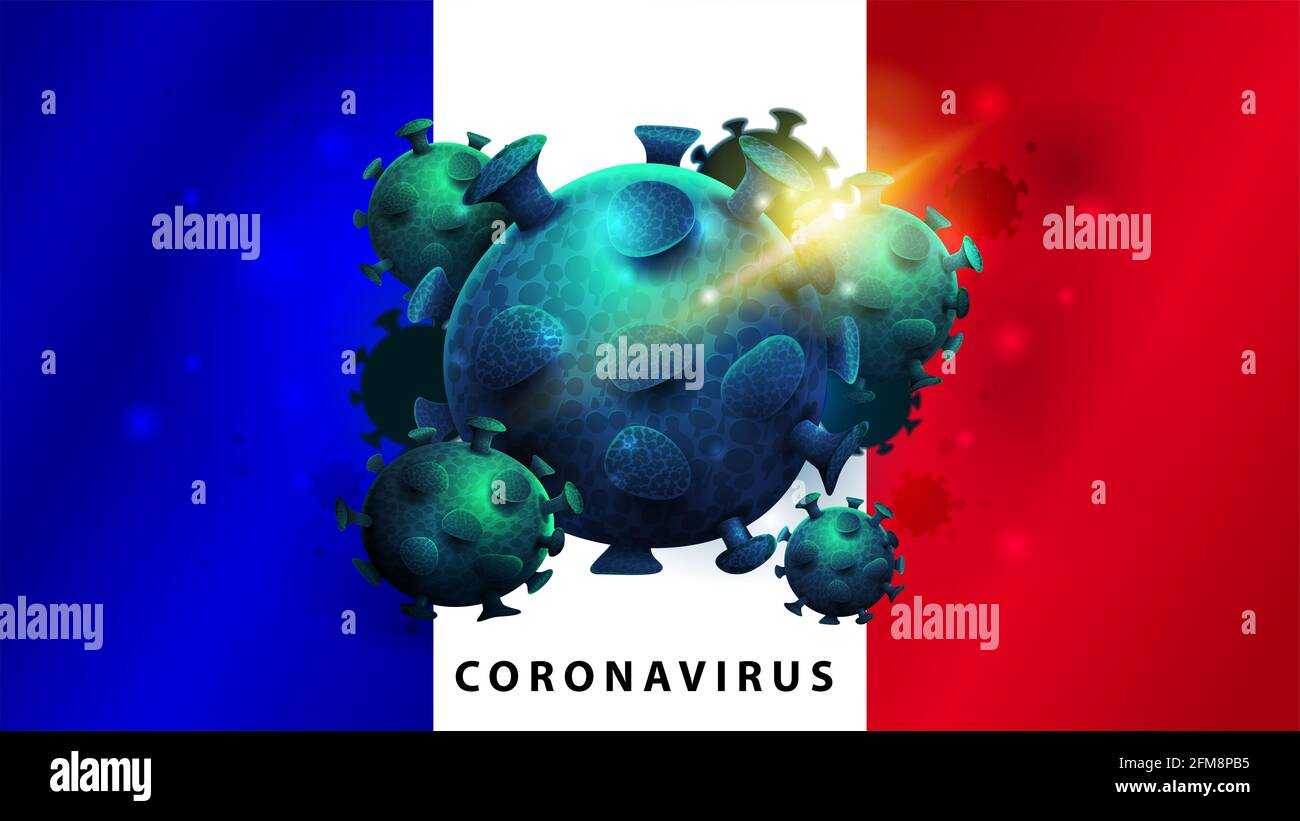 Coronavirus, signe d'avertissement sur le fond du drapeau de la France. Coronavirus 2019-nCoV. Signe du coronavirus COVID-2019 en France Banque D'Images