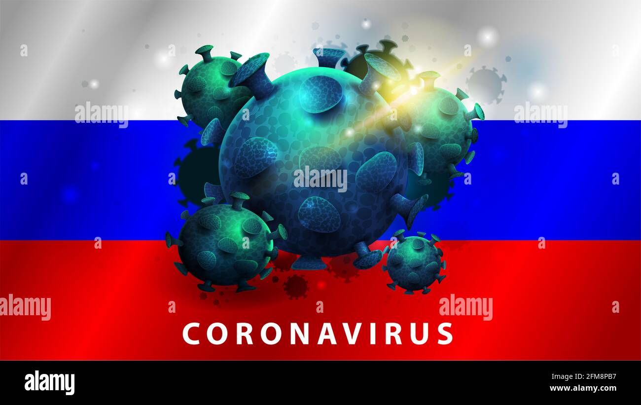 Coronavirus, signe d'avertissement sur le fond du drapeau de la Russie. Coronavirus 2019-nCoV. Signe du coronavirus COVID-2019 en Russie Banque D'Images