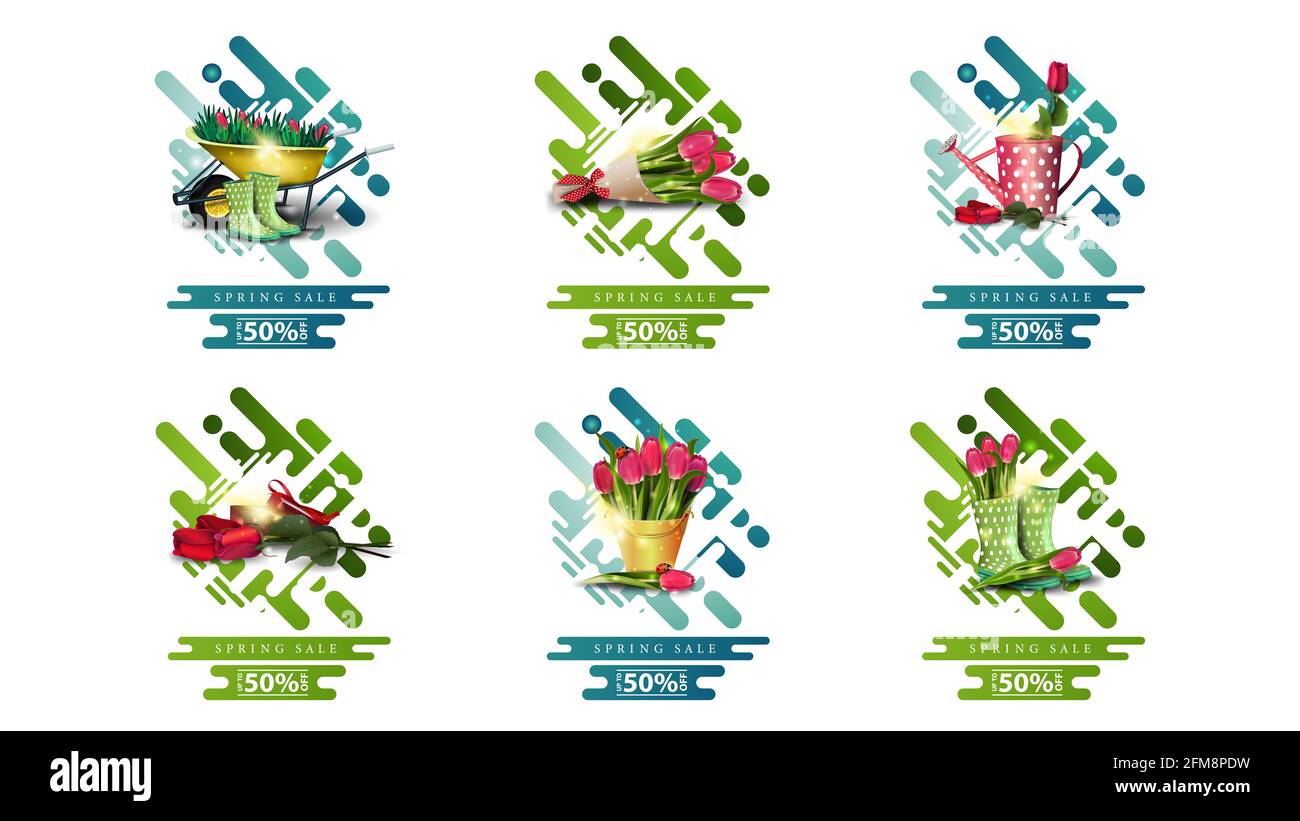 Soldes de printemps, jusqu'à 50 rabais, grands ensembles de bannières de rabais verts en style coupe de papier avec cadre de guirlande, icônes de printemps et boutons. Banque D'Images
