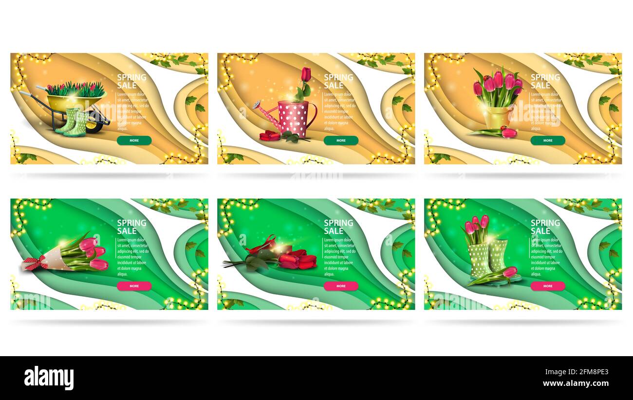 Soldes de printemps, grande collection de bannières de rabais vert et orange dans le style de coupe de papier avec cadre de guirlande, branche de liana, icônes de printemps et boutons. Banque D'Images