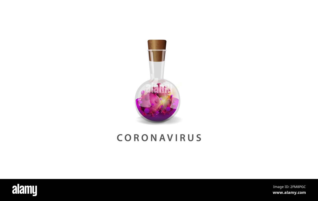 Flacon de produit chimique en verre contenant du liquide rose et des virus coronavirus isolé sur un fond blanc Banque D'Images