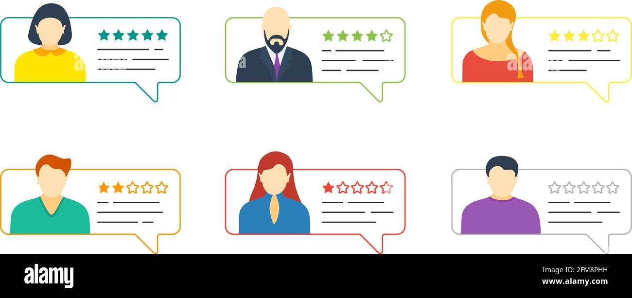 Discussion de feedback contour bulle de parole avec avatars mâle et femelle.En ligne cinq étoiles évaluation avec bonne et mauvaise collection de taux de témoignage.Concept d'illustration de l'évaluation de la qualité des vecteurs Illustration de Vecteur