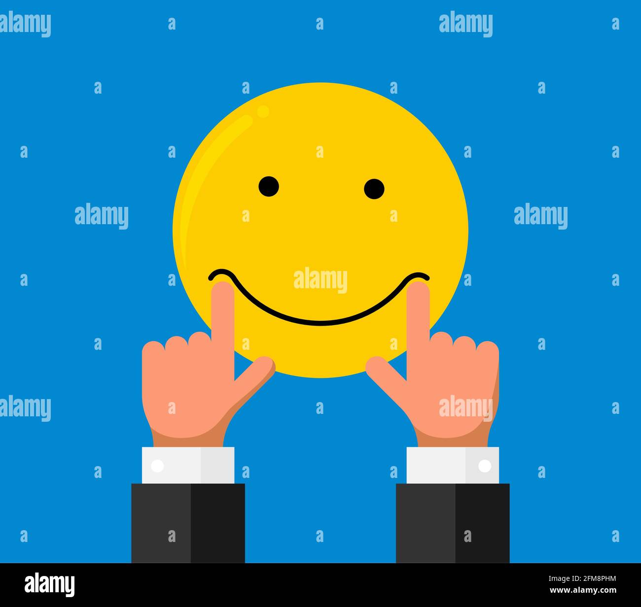 Homme d'affaires main doigt extensible tirer sur la bouche lèvres sur smiley emoji sourire émotion sur fond bleu.Commentaires en ligne réputation qualité avis client concept plat.Illustration vectorielle EPS Illustration de Vecteur