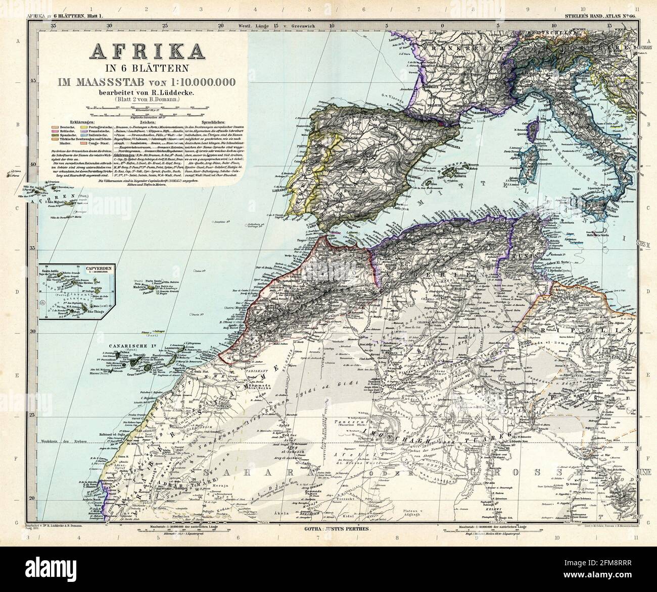 Carte ancienne gravée en cuivre de l'Afrique du Nord du XIXe siècle. Toutes les cartes sont magnifiquement colorées et illustrées montrant le monde à l'époque. Banque D'Images