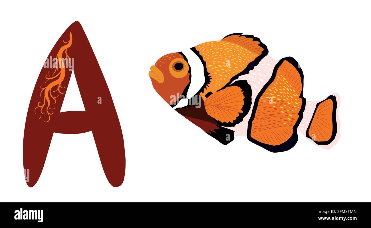 Lettre A et Amphiprion, poisson-clownfish Orange brillant, dessiné à la main. Alphabet lumineux pour les enfants d'âge préscolaire Illustration de Vecteur