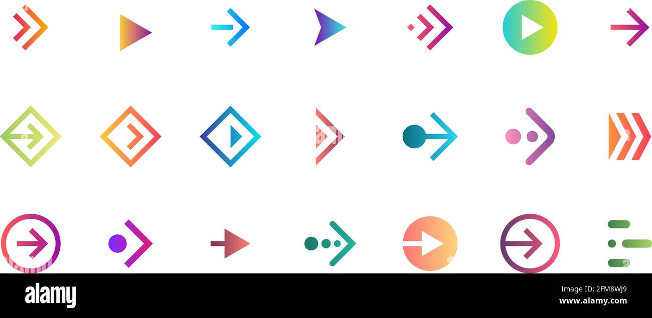 Ensemble d'icônes de bouton de gradient droit de la flèche de balayage.Pictogramme de curseur de défilement d'application et de réseau social pour la conception Web ou l'application.Illustration de la collection d'interfaces d'interface du pointeur Next Direction moderne et plat Vector Illustration de Vecteur
