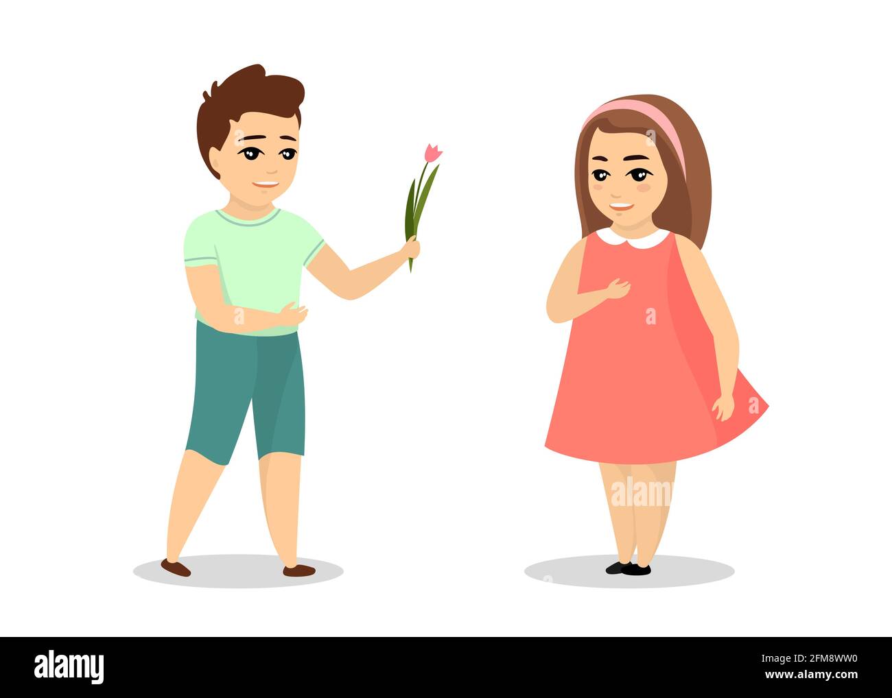 Un garçon romantique donne de la tulipe à une fille souriante.Petit amour masculin fait surprise pour heureux mignon jeune femme.Un cadeau de fleur pour un petit ami et une petite amie.Illustration vectorielle isolée Illustration de Vecteur