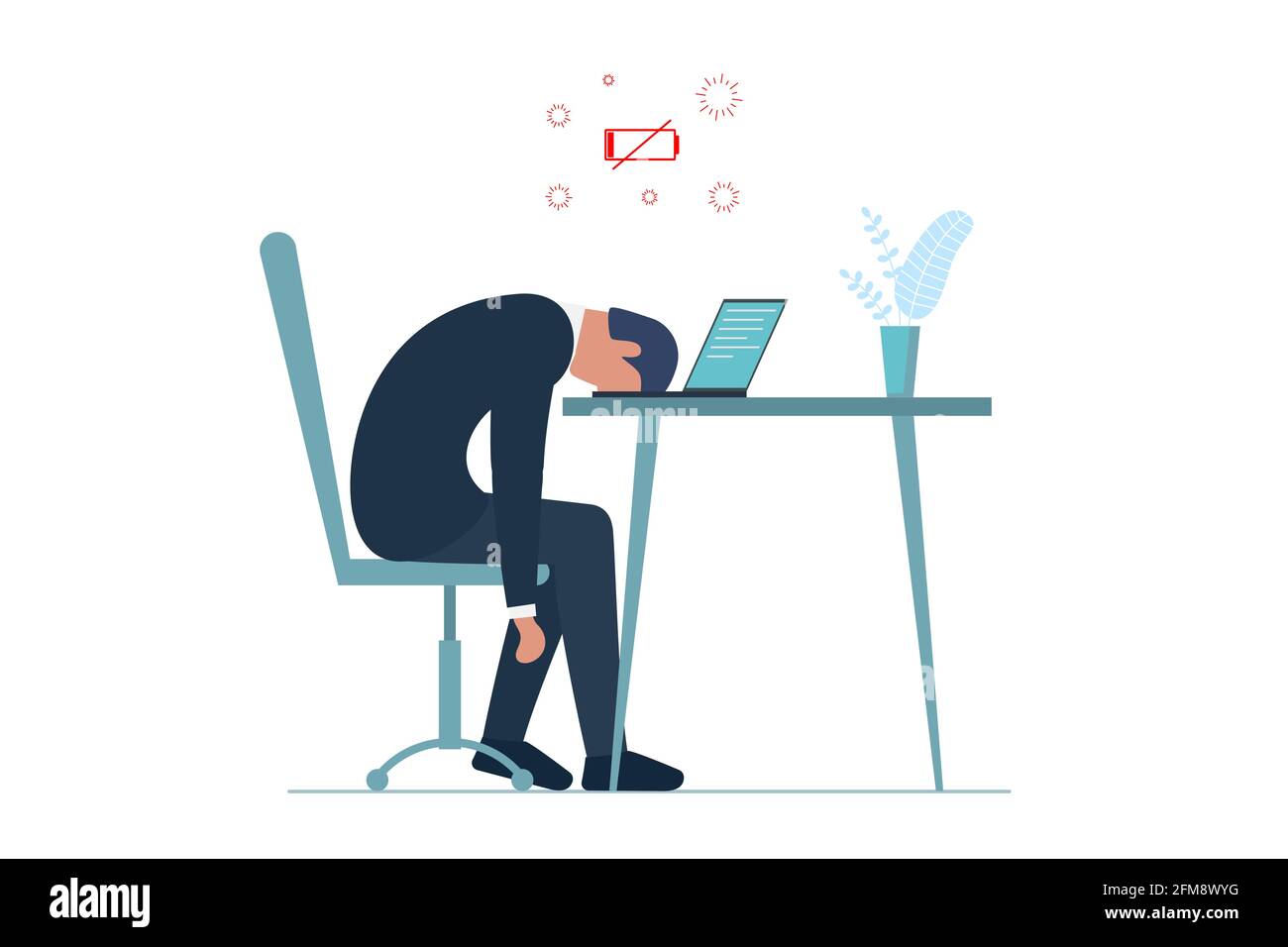 Homme Manager professionnel syndrome de l'épuisement.Épuisé homme d'affaires malade fatigué assis avec la tête sur l'ordinateur portable.Triste homme ennuyeux.Problèmes de santé mentale des travailleurs frustrés.Illustration de surcharge de travail Illustration de Vecteur