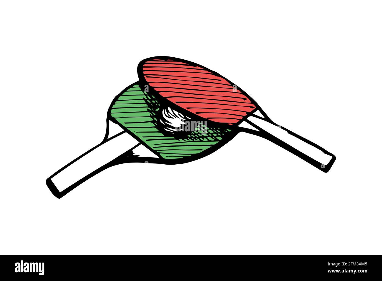 Ping-pong vert et rouge raquettes et balle dessin main esquisse de contour.Équipement de tennis de table.Concept du logo des pagaies de jeu de ping-pong.Vector eps encre noire Doodle illustration isolée sur fond blanc Illustration de Vecteur