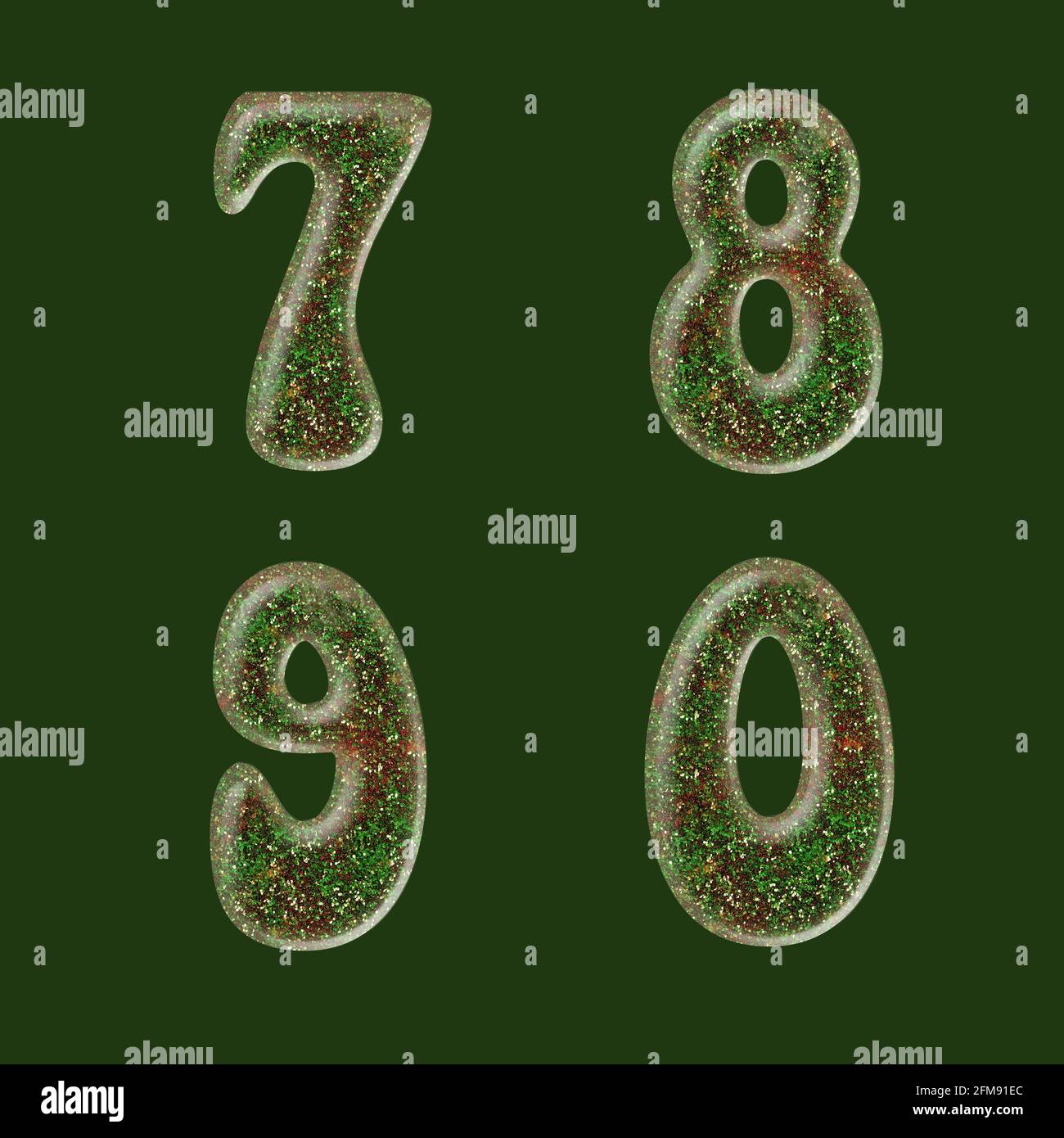 Rendu 3D des lettres majuscules vertes et rouges scintillantes - chiffres 7-0 Banque D'Images