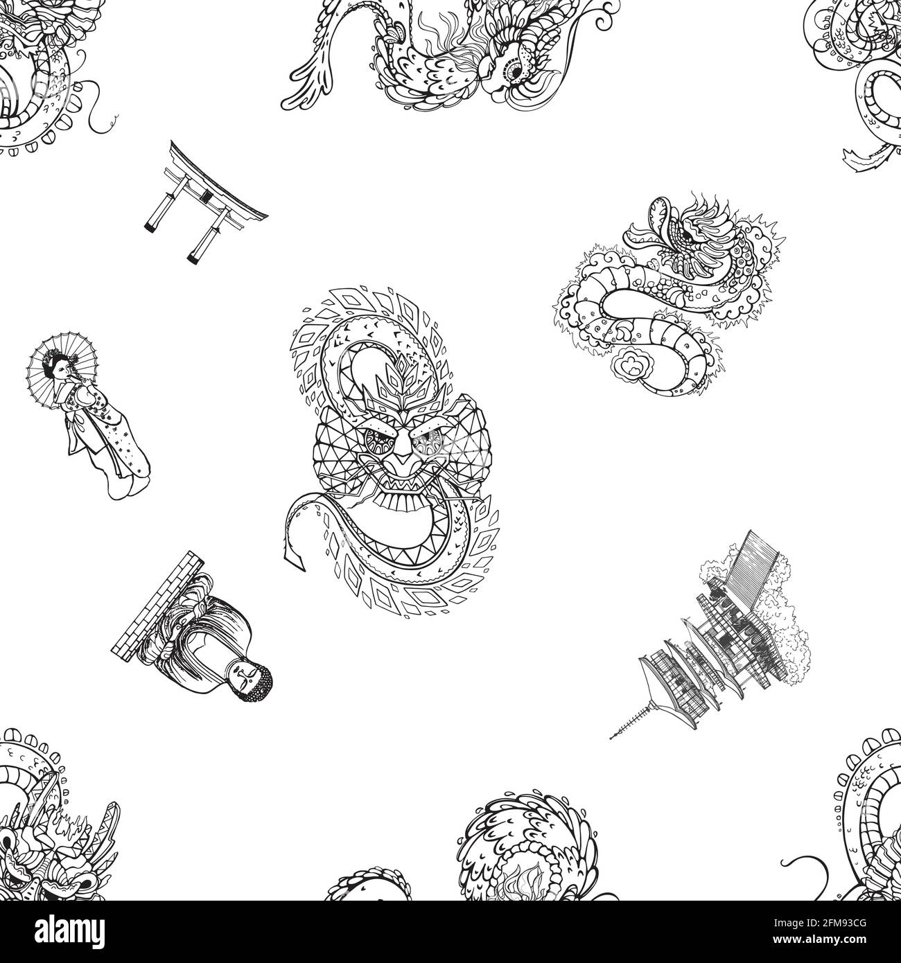 Motif sans couture de dessin à la main style abstrait dragons, temples, statue de Bouddha, torii, geisha isolé sur fond blanc. Illustration vectorielle. Illustration de Vecteur