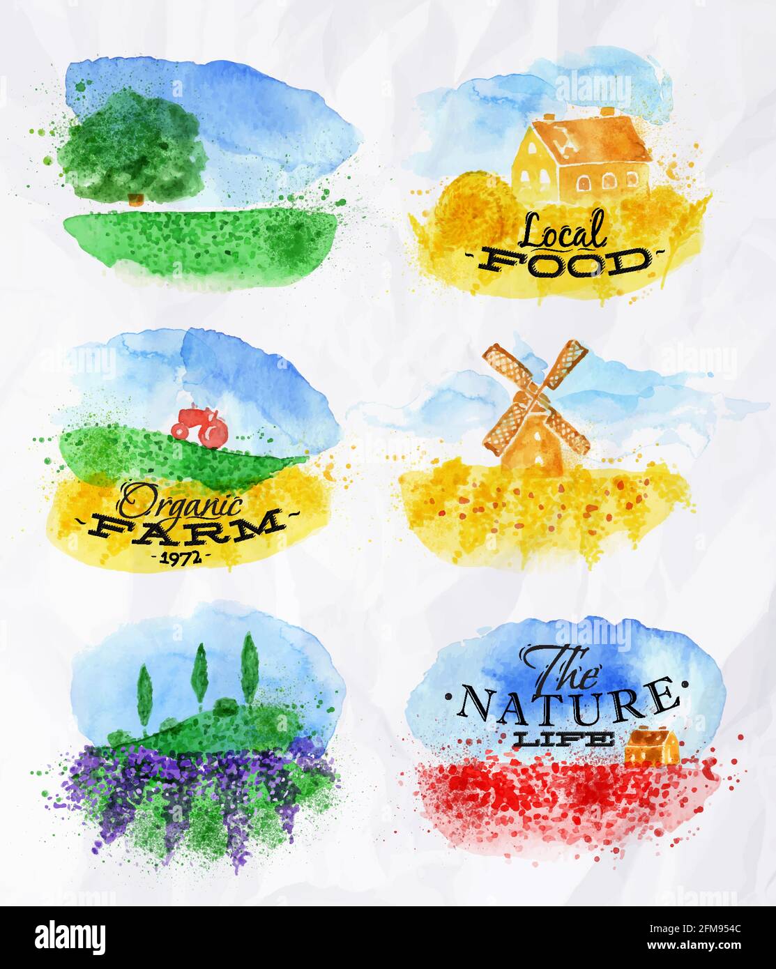 Les paysages d'aquarelle symbolisent les champs de blé de coquelicots, de lavande, d'herbes avec des maisons miniatures moulin et un tracteur avec la ferme biologique lettering, local foo Illustration de Vecteur