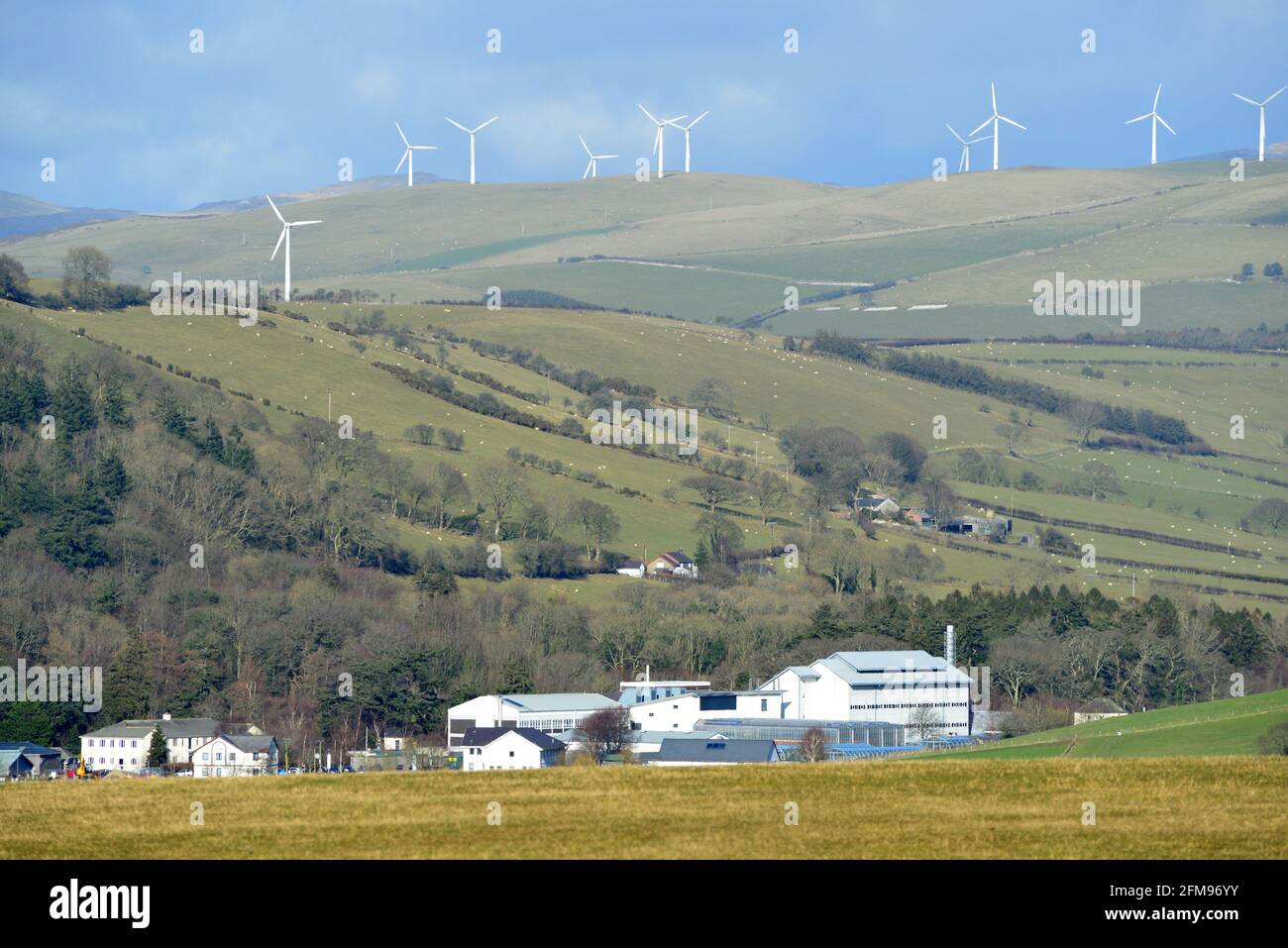 Aberystwyth University IBERS Campus Gogerddan avec un parc d'éoliennes en arrière-plan. Banque D'Images