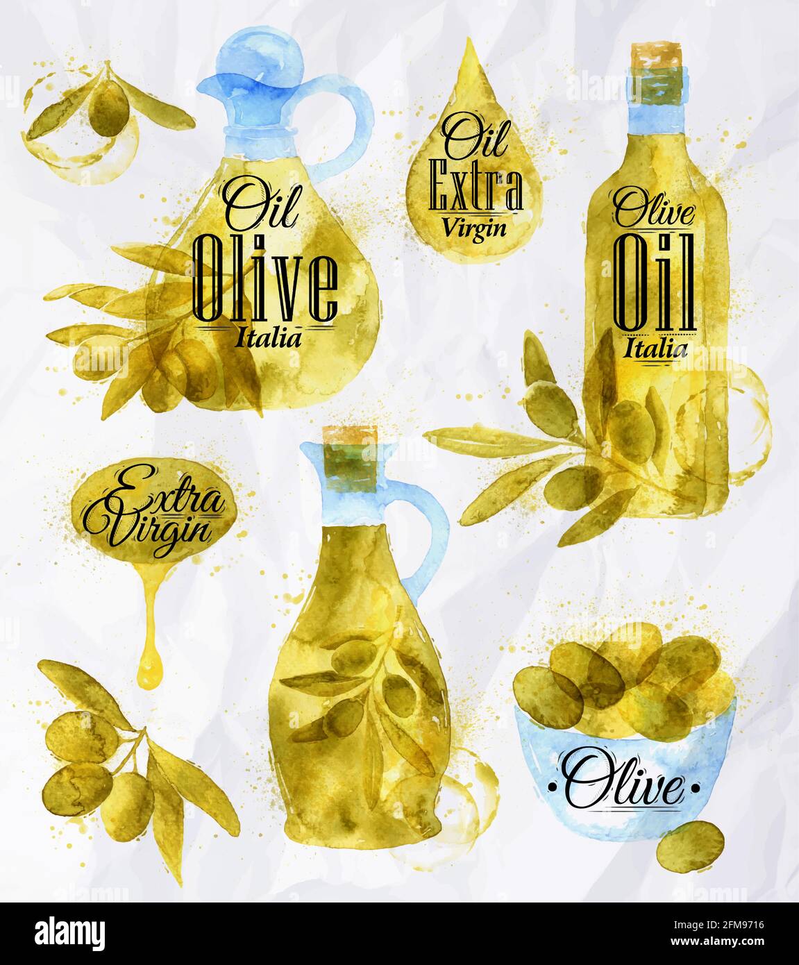 Pointeur tiré verser avec des branches d'aquarelle d'olive et des bouteilles d'huile d'olive lettering boire huile d'olive extra vierge Italia, huile d'olive Italia avec des splas Illustration de Vecteur