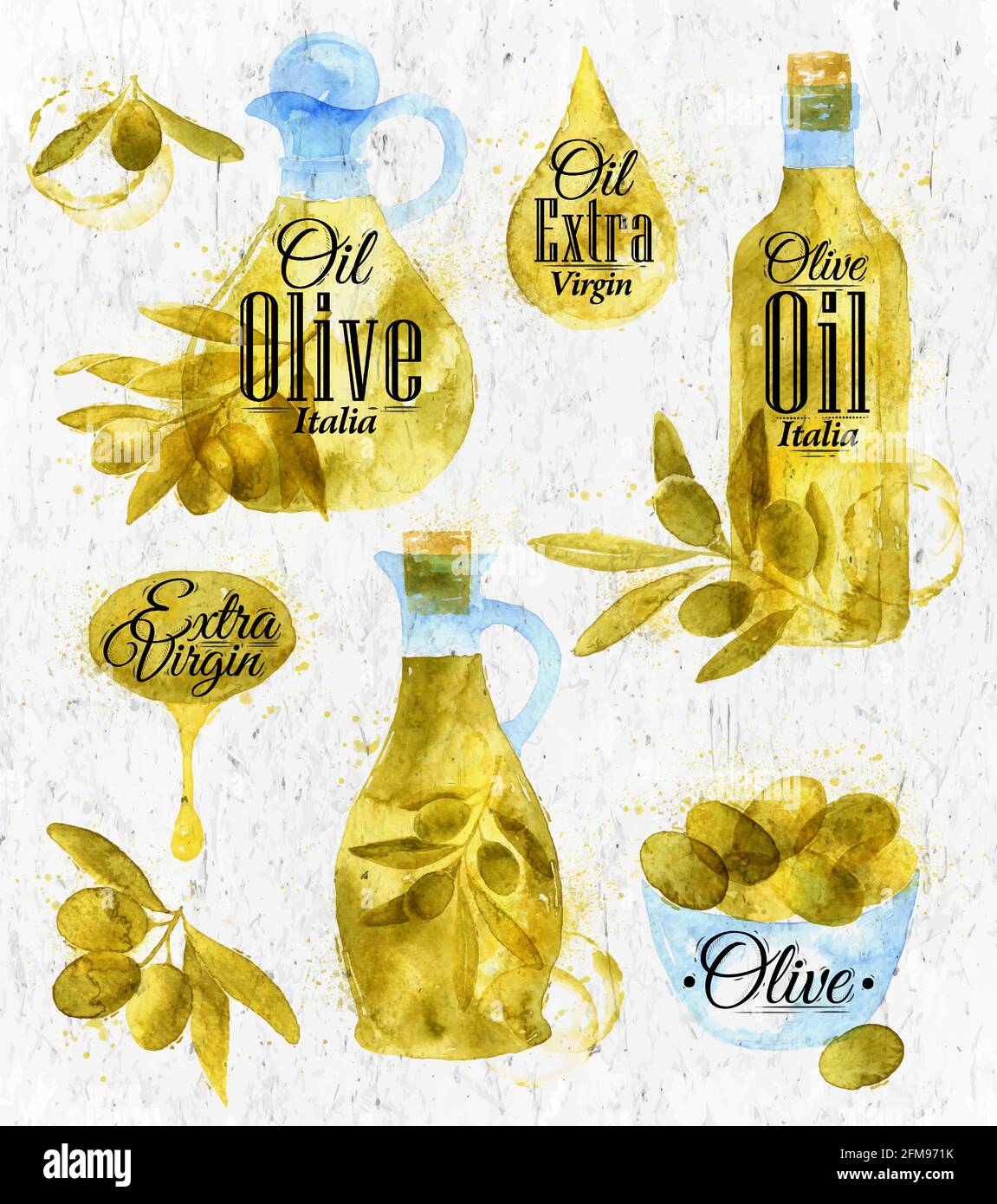 Pointeur tiré verser avec des branches d'aquarelle d'olive et des bouteilles d'huile d'olive lettering boire huile d'olive extra vierge Italia, huile d'olive Italia avec des splas Illustration de Vecteur