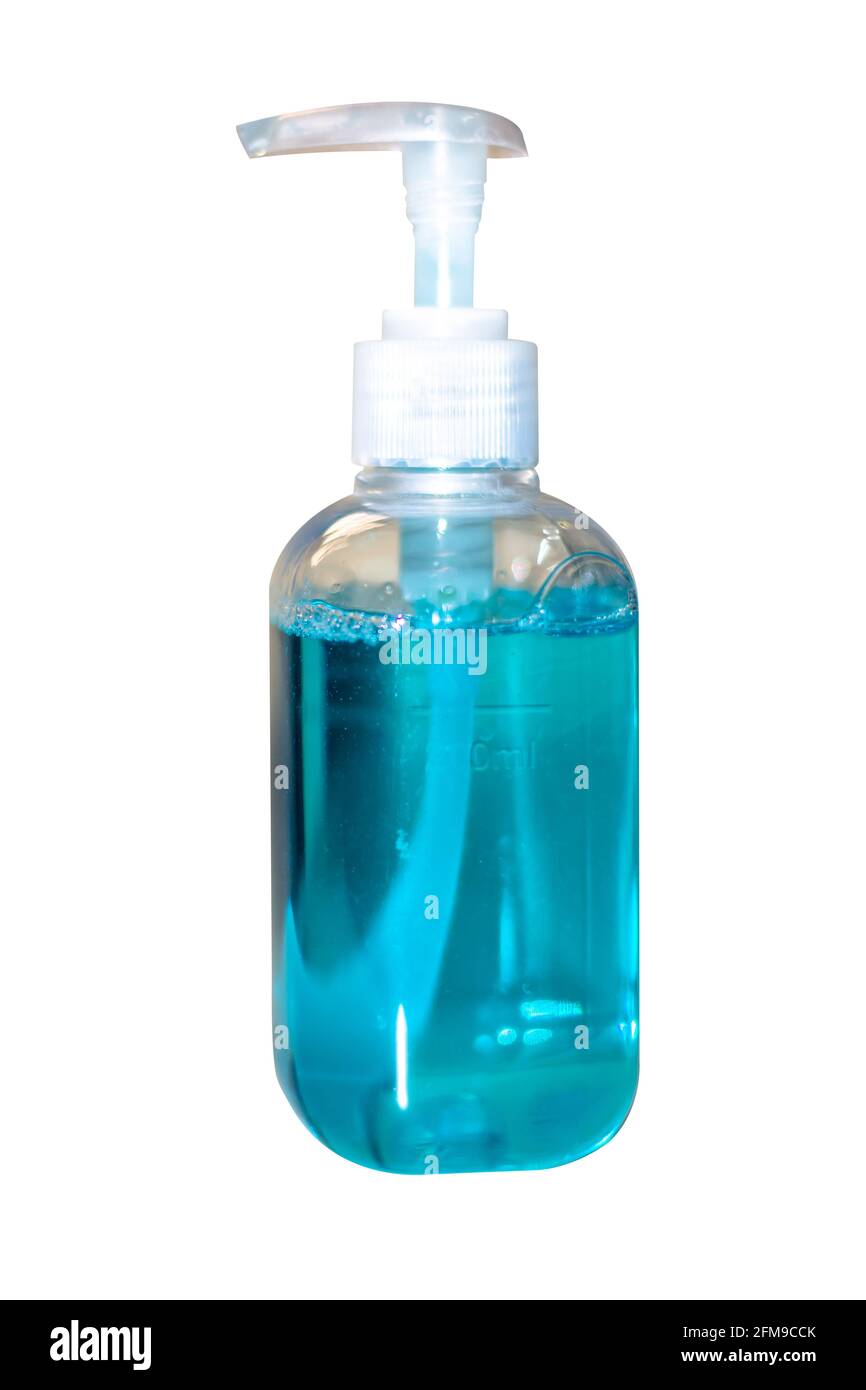 Flacons bleus de désinfectant pour les mains et gel antibactérien pour les mains, lavage des mains, hygiène des mains pour la prévention du virus Corona Banque D'Images