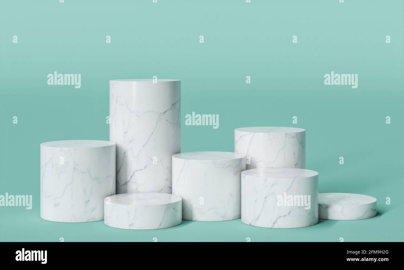 podium cylindrique en marbre blanc sur fond turquoise. rendu 3d. Banque D'Images