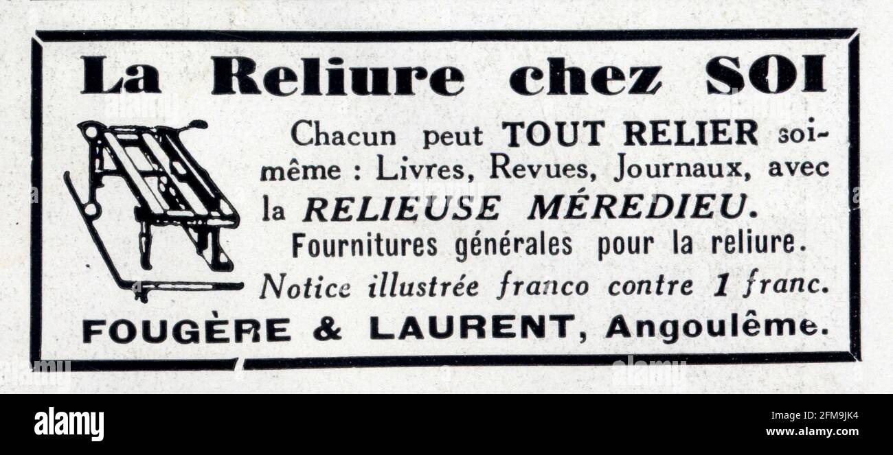 Publicité ancienne la reliure chez soi Banque D'Images