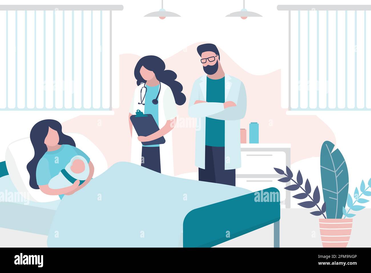 La femme de beauté se repose sur le lit et tient bébé nouveau-né. Patient, médecin et infirmière. Chambre dans le centre périnatal. Examen médical et consultation. Santé Illustration de Vecteur