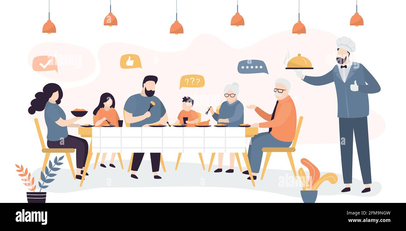 De grandes familles mangent dans un café ou un restaurant. Beau chef ou serveur avec un plateau. Grands-parents, parents avec enfants s'assoient à une table au café et déjeunent. Illustration de Vecteur