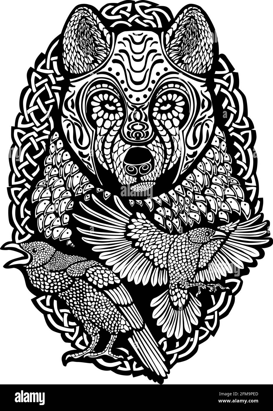 wolf,fenrir, tattou noir et blanc illustration de vecteur Illustration de Vecteur