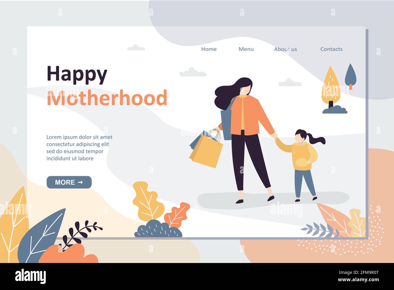 Modèle de page de renvoi Happy maternité. La mère passe du temps avec sa fille. Concept d'activités familiales. Une maman de beauté avec un enfant d'âge préscolaire après avoir fait du shopping. F Illustration de Vecteur