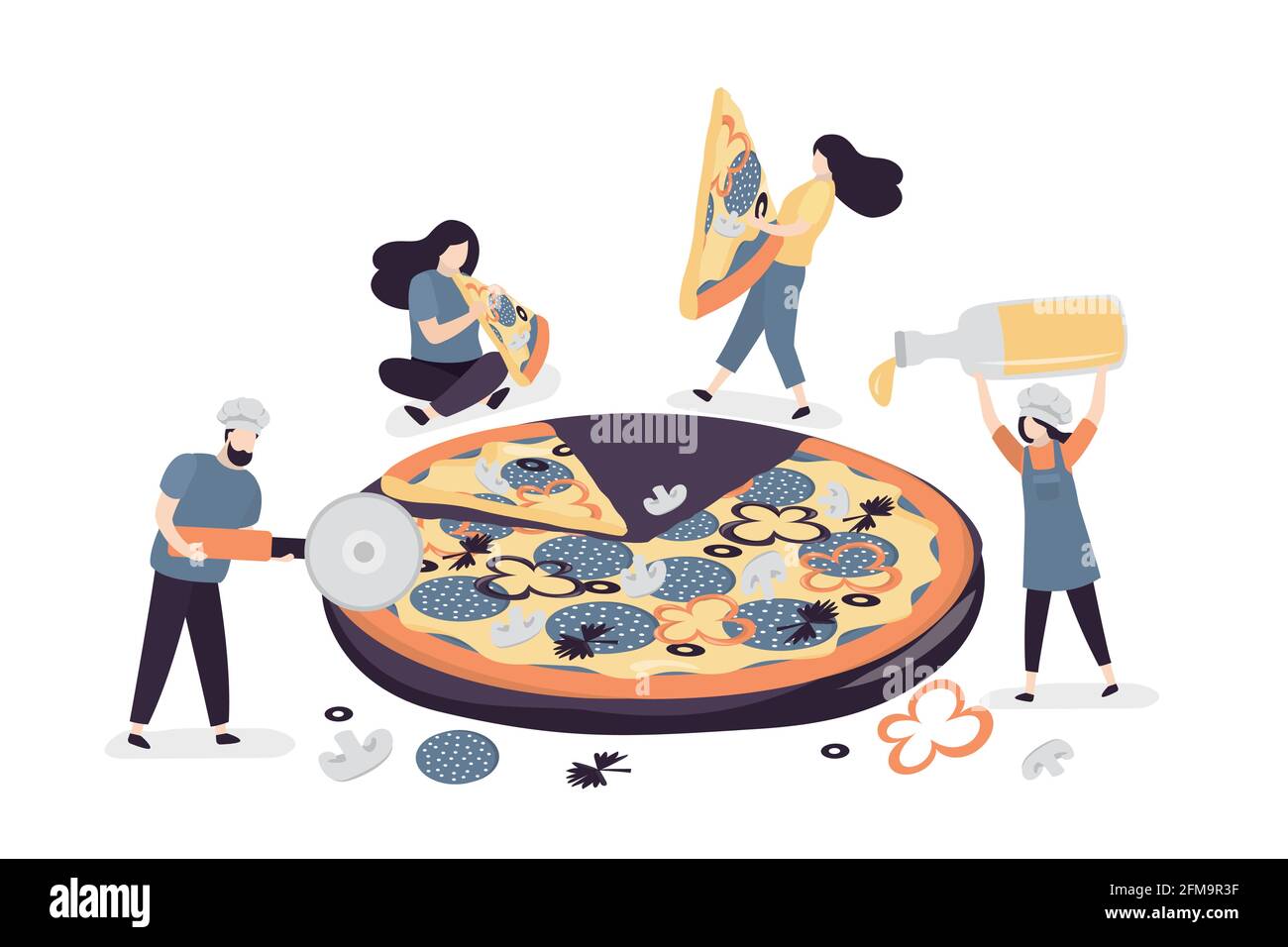 Drôle de petites personnes qui cuisent de grandes pizzas. Les chefs préparent des plats italiens traditionnels. Les gens travaillent dans une pizzeria. Travailleurs en uniforme. Femmes tenant et mangeant p Illustration de Vecteur