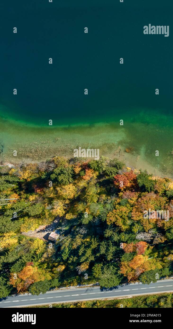 Vue du dessus Drone photo d'un lac avec une forêt colorée à l'automne et une rue dans la partie inférieure de la photo Banque D'Images