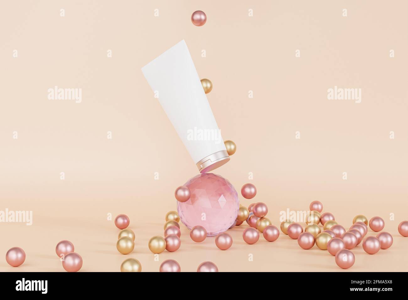 Tube de lotion Mockup pour produits cosmétiques ou équilibre publicitaire sur sphère de verre, rendu d'illustration 3d Banque D'Images