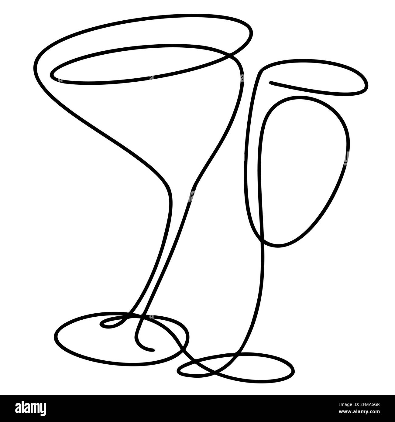 Ensemble vectoriel de verres de vin et de martini dessinés à la main sur fond blanc. doodle. Oneline noire. Illustration de Vecteur