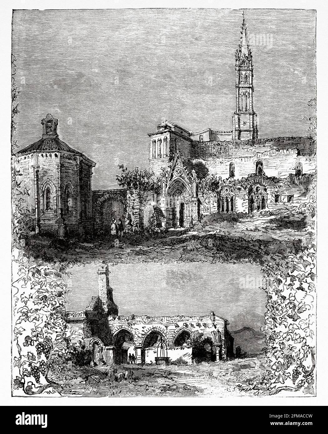 Vue sur Saint Emilion, église monolithe et clocher, ruines du couvent des Cordeliers, région Aquitaine, département de Gironde. France. Ancienne illustration gravée du XIXe siècle de l'Histoire de la Révolution française 1876 par Jules Michelet (1798-1874) Banque D'Images