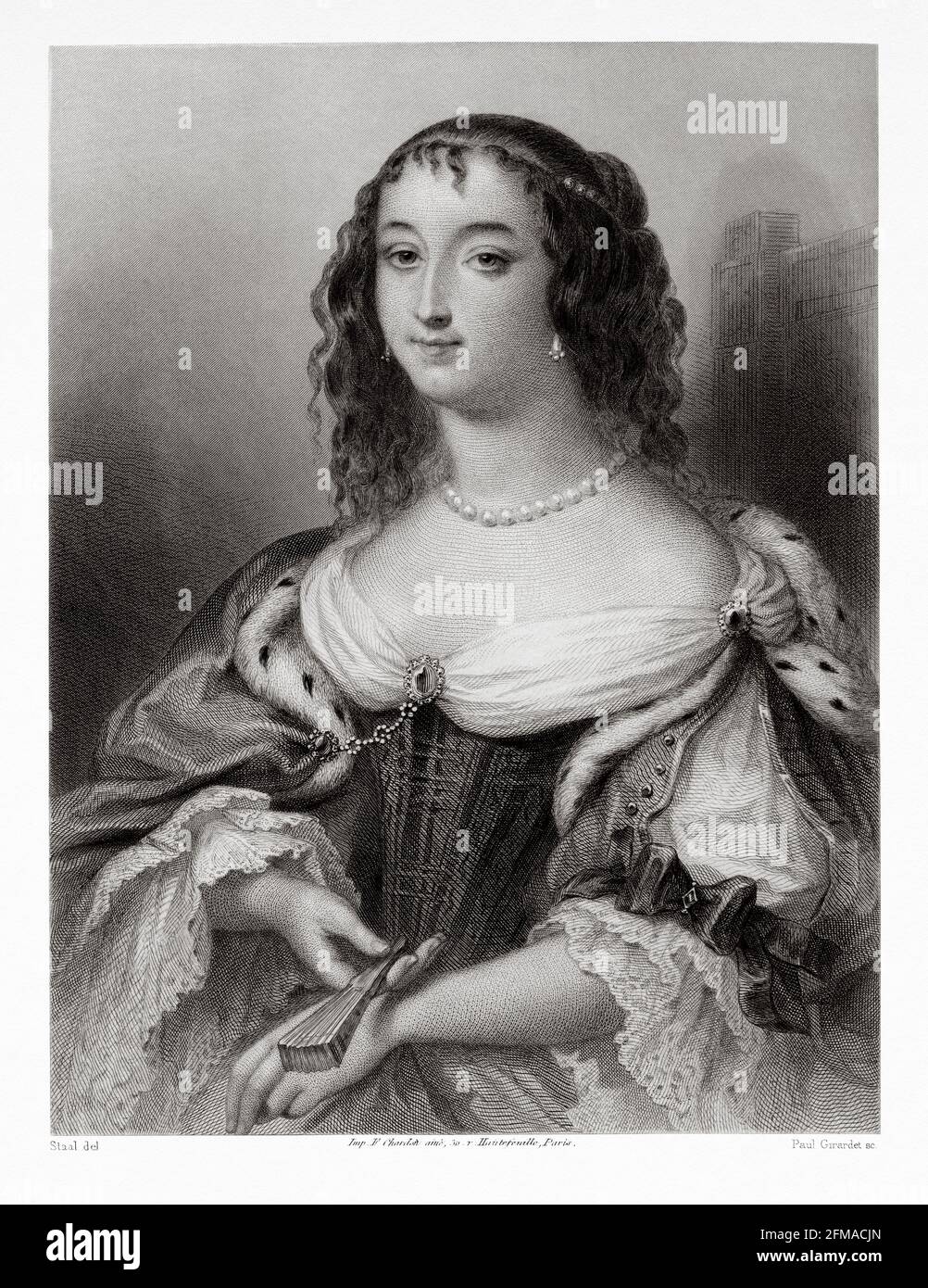 Portrait de la duchesse d'Orléans. Henrietta Anne d'Angleterre (1644-1670) était la plus jeune fille du roi Charles Ier d'Angleterre, d'Écosse et d'Irlande et de Henrietta Maria de France. Ancienne illustration gravée du XIXe siècle de la Galerie des femmes Célébres de M. Sainte-Beuve 1864 Banque D'Images