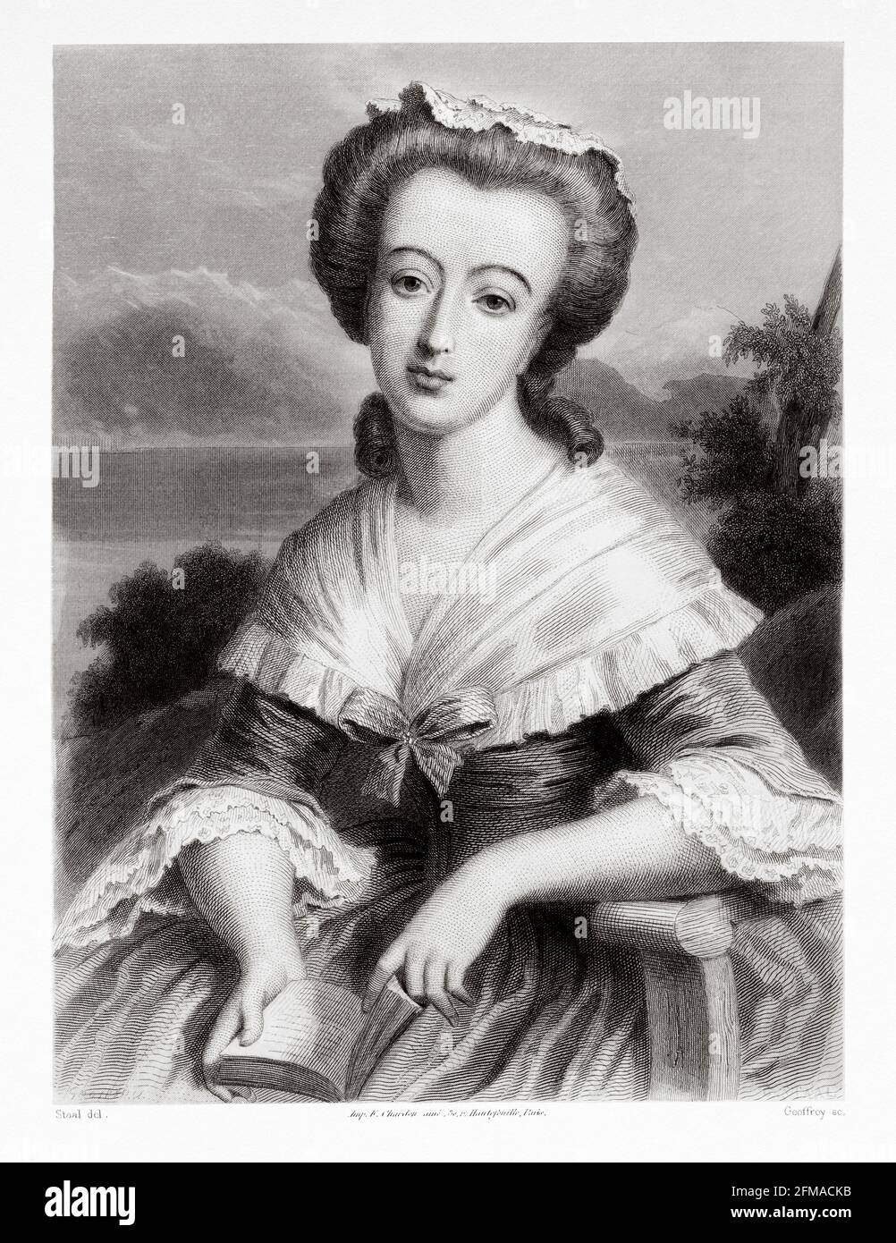 Portrait de Madame Necker. Suzanne Curchod (1737-1794) est une saloniste et écrivain franco-suisse. Elle a accueilli l'un des salons les plus célèbres de l'ancien régime. Elle développe l'Hospice de Charité, un petit hôpital de Paris, l'hôpital Necker-enfants Malades. Elle était l'épouse du ministre français des Finances Jacques Necker. France. Ancienne illustration gravée du XIXe siècle de la Galerie des femmes Célébres de M. Sainte-Beuve 1864 Banque D'Images