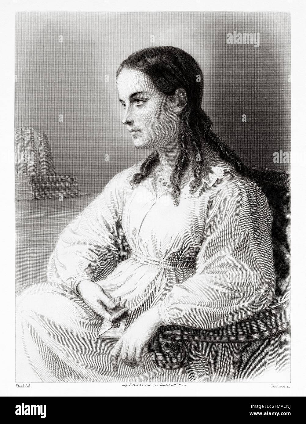 Portrait de la comtesse d'Arnim. Bettina von Arnim (1785-1859), née Elisabeth Catharina Ludovica Magdalena Brentano, est écrivain et romancière allemande. Ancienne illustration gravée du XIXe siècle de la Galerie des femmes Célébres de M. Sainte-Beuve 1864 Banque D'Images
