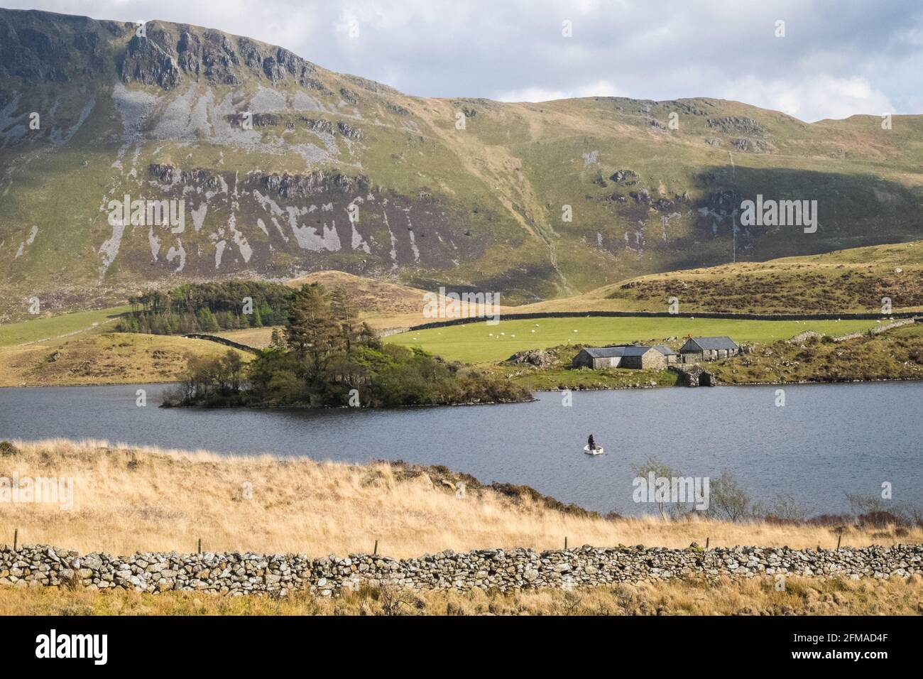 Lac Cregennan,Lacs Cregennan,à,la,base,près,Cadair Idris,Cader Idris,montagne.pittoresque,isolé,du milieu,de,l'ouest,du pays de Galles,rural,pittoresque,rural,emplacement,la colline principale 'pointy' que vous voyez à côté du lac est appelée 'Pared y Cefn Hir' et est accessible à pied.Il est aussi raide qu'il regarde, mais une fois que vous êtes au sommet, vous pouvez suivre le chemin vallonné sur toutes les crêtes, avec vue sur Barmouth et sur les lacs.Vous descendez et suivez ensuite le chemin au pied de la colline, ou vous pouvez marcher entre les lacs après la maison de bateau. Banque D'Images