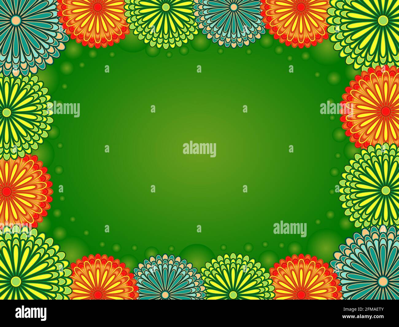 Carte postale romantique avec fleurs et cercles dans des teintes vertes, orange et turquoise Illustration de Vecteur