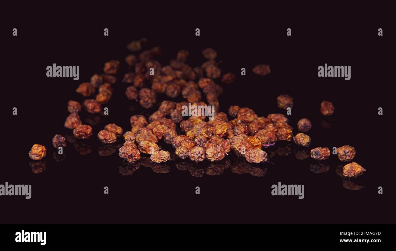 La nourriture reste encore en vie avec des baies rowan sèches sur un fond noir vitreux et lisse avec des reflets de miroir de baies sur une surface noire claire avec une teinte rouge foncé. Banque D'Images