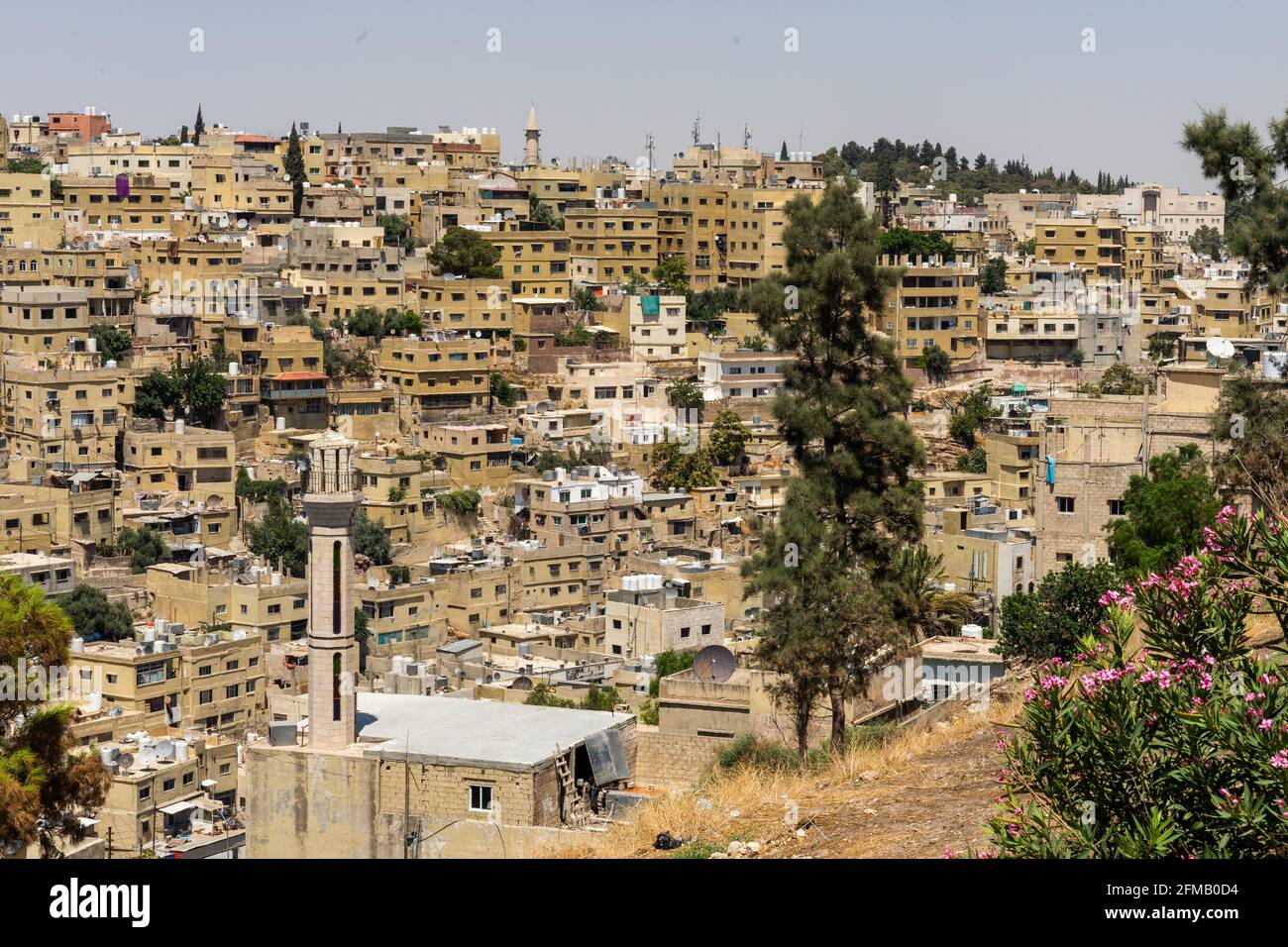 Vue imprenable sur la vieille ville d'Amman, en Jordanie, avec des immeubles résidentiels de faible hauteur et une ancienne mosquée Banque D'Images