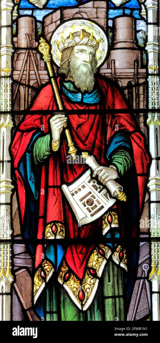 Roi Salomon, vitrail, par A. L. Moore, 1910, église Brinton, Norfolk, Angleterre, Royaume-Uni Banque D'Images