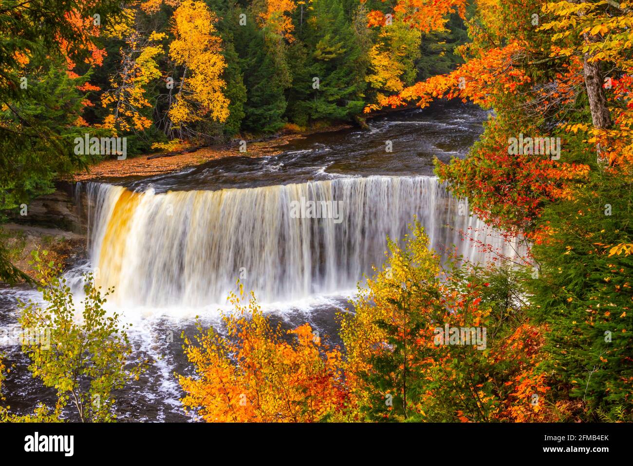 Les hautes chutes de Tahquamenon avec la couleur du feuillage d'automne près de Newberry, Michigan, États-Unis. Banque D'Images