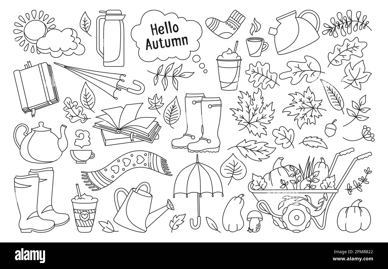 Ensemble de dessin animé tendance automnal à la main. Rural ligne noire rustique congé d'automne, livre café, parapluie, tasse boisson sticker collection icônes. Bouilloire, chaussette citrouille automne clip art carte web poster vectoriel Illustration de Vecteur