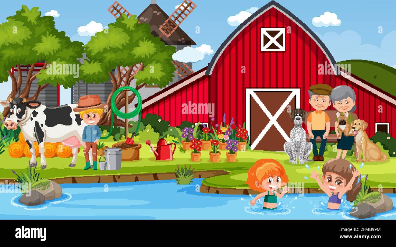 Scene De Ferme Avec Beaucoup D Enfants Et D Animaux De Ferme Illustration Image Vectorielle Stock Alamy