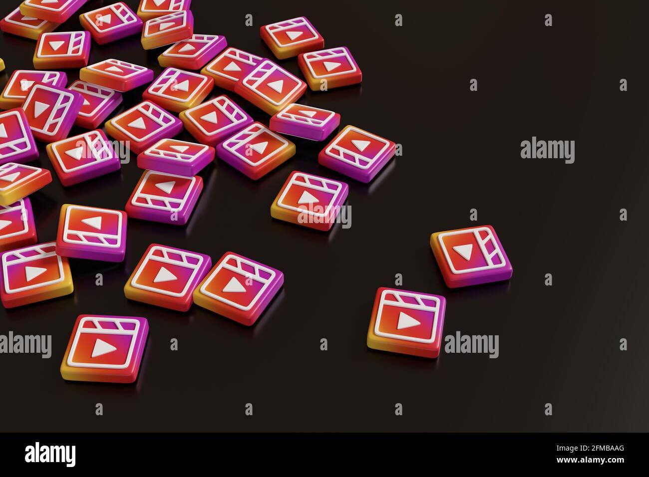 De nombreux rouleaux Instagram logo sur fond noir. illustration 3d. Banque D'Images