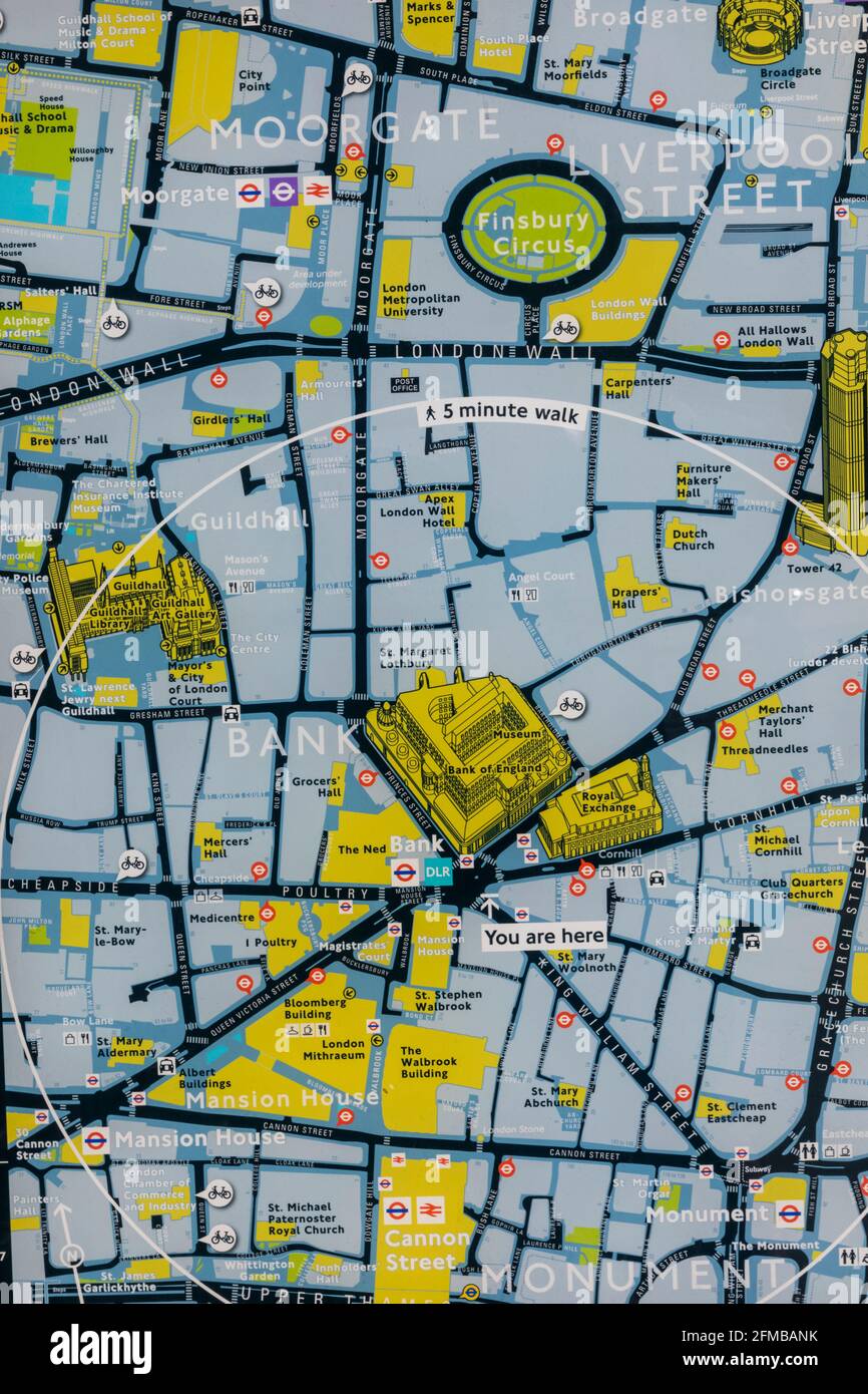 Angleterre, Londres, ville de Londres, carte des rues montrant la Banque d'Angleterre et les environs Banque D'Images