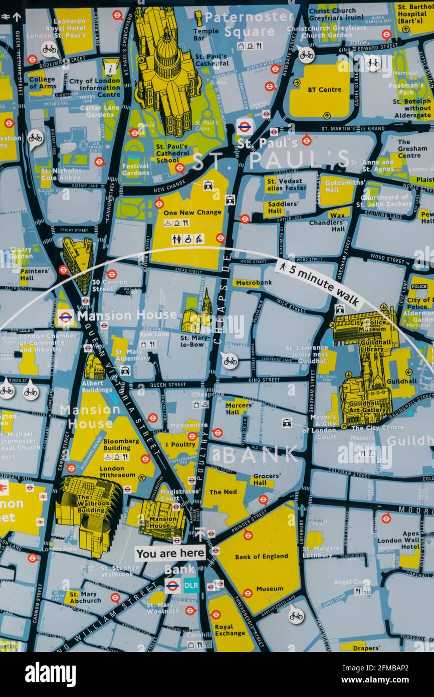 Angleterre, Londres, ville de Londres, carte des rues montrant la Banque d'Angleterre, la cathédrale St.Pauls et les environs Banque D'Images